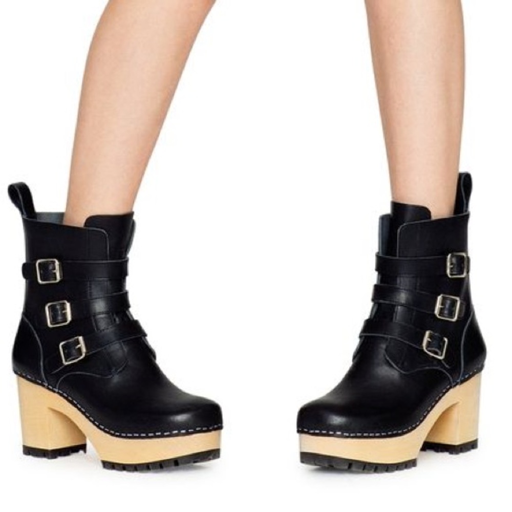 Swedish Hasbeens Black Ankle Boots with Tan Soles